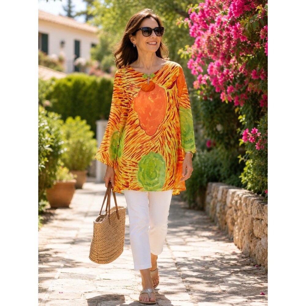 Original Anthony Orange Green Sheer Tunic 2X Abstract Watercolor Vibrant Flowy